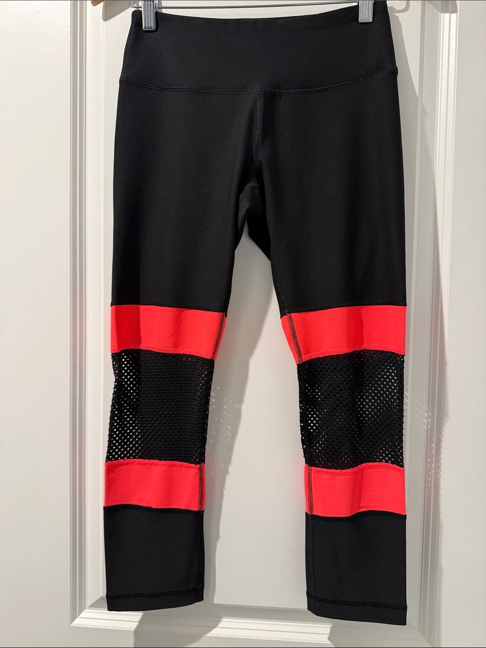 90 Degree By Reflex Womens Black Leggings with Orange  Stripe and Mesh Panels